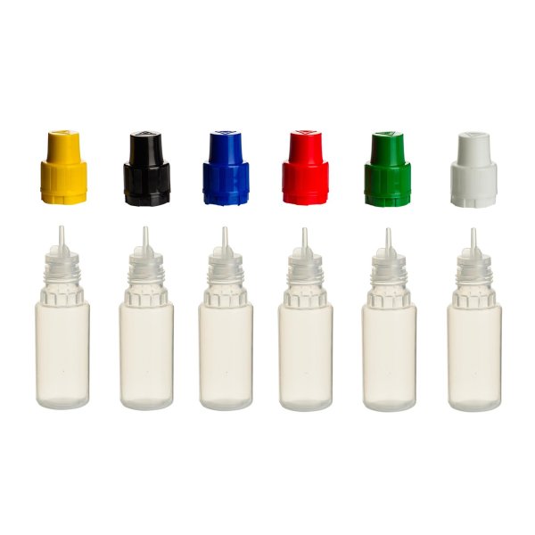 Liquid Flaschen aus PP mit KISI Verschluss - 10ml - Bunte Deckel - 6 Stück