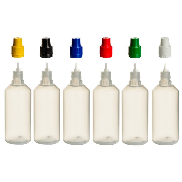 Liquid Flaschen aus PP mit KISI Verschluss - 100ml - Bunte Deckel - 12 Stück