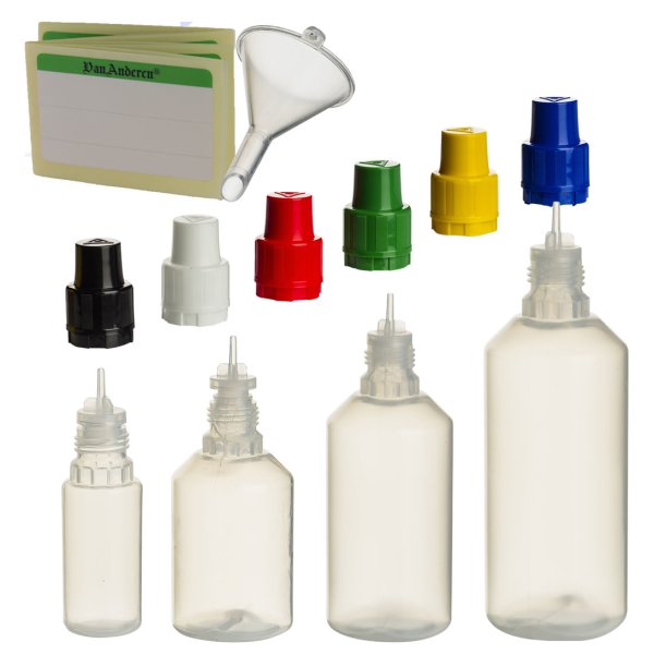 Liquid Flaschen aus PP mit KISI Verschluss + Trichter + Etiketten -