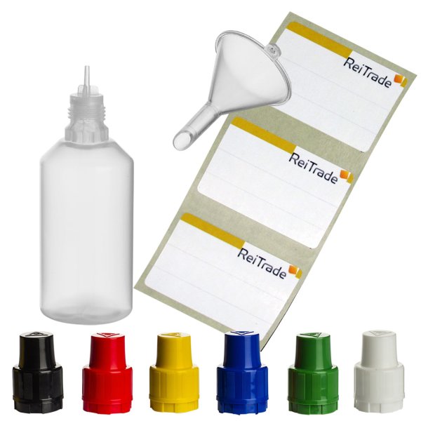 Liquid Flaschen + Etiketten + Trichter 50ml gelb 12 Stück
